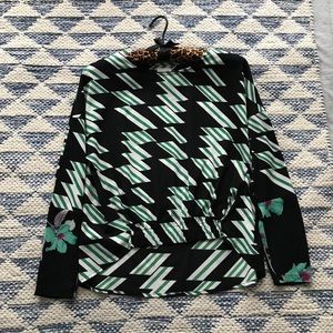 Nu New York Black Green Geometric Floral Mixed Print Top 🌸 Artistic Designer M